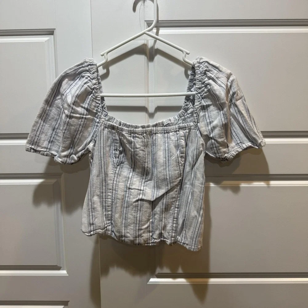 Abercrombie & Fitch Blouse Womens Small White Stripe Puff Sleeve Cropped Top